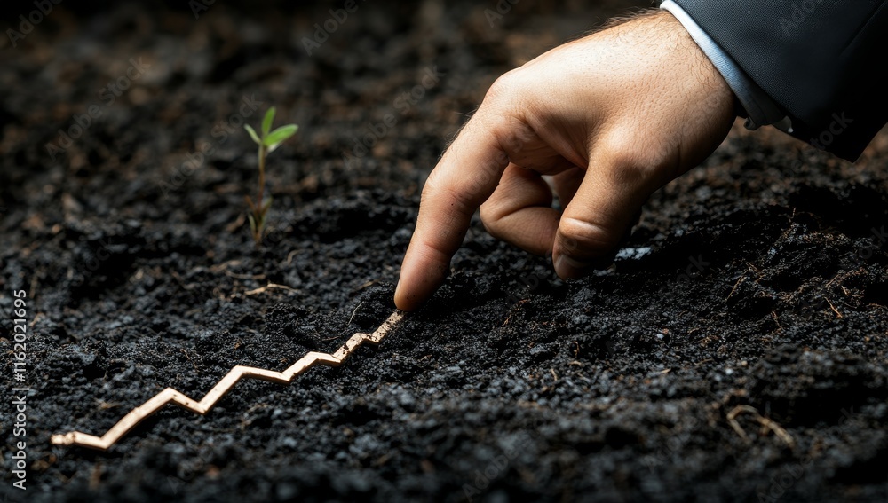 Poster hand pointing at upward growth graph in soil with seedling.