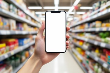 Smartphone mockup held in hand with blank white screen, supermarket aisle with blurred shelves and products in background, concept of online shopping. Ai generative.