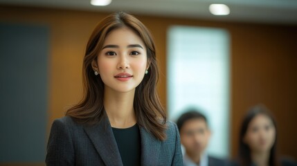 Fototapeta premium A woman in a black jacket and black dress is smiling at the camera. Generative AI