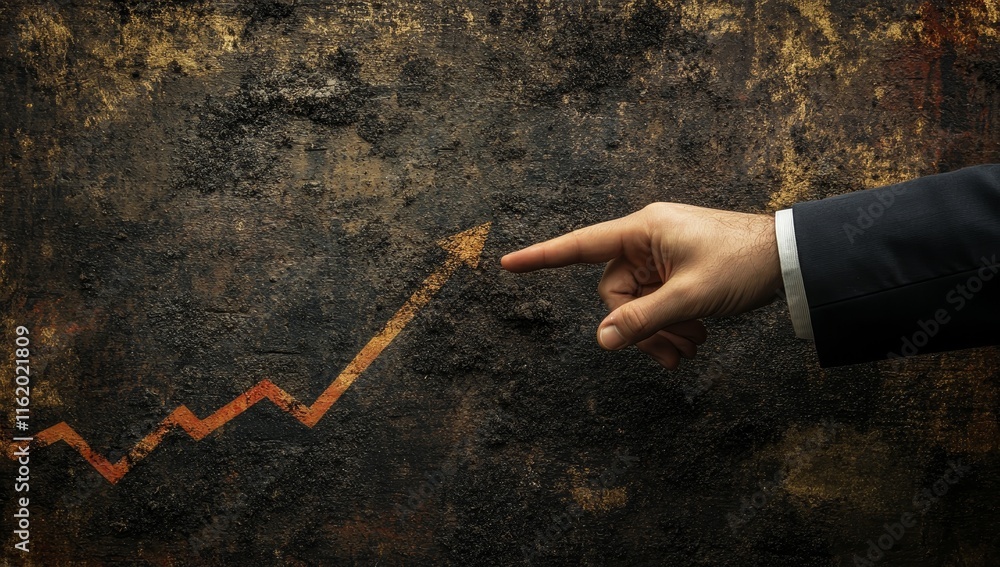 Poster hand pointing at upward trending graph on grunge background.