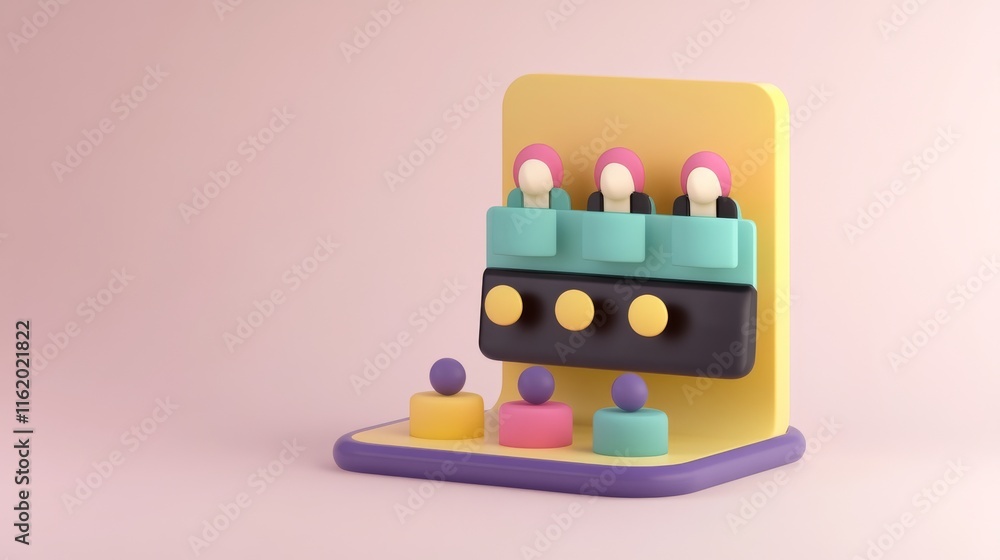Poster a colorful, playful toy display featuring geometric shapes and figures, designed for interactive lea