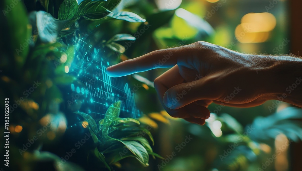 Poster hand interacting with digital growth chart projected on a green wall.