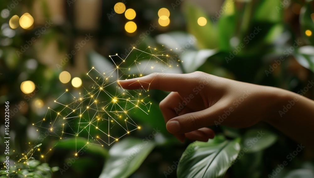 Poster hand interacting with glowing network over plants.