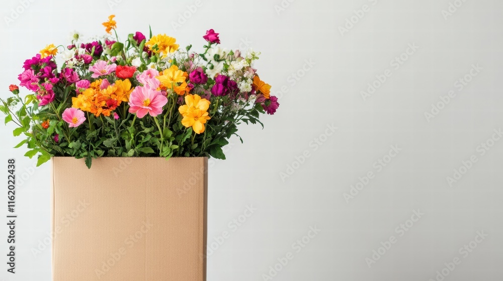 Poster fresh floral delivery box filled with colorful blooms against a simple background for creative mock 