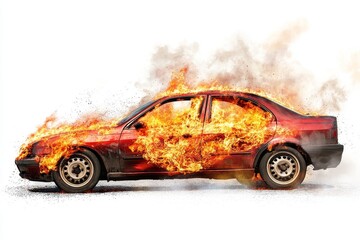 Burning car engulfed in flames against white background.