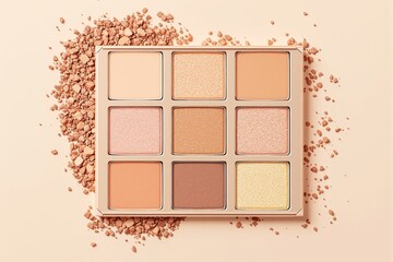 Fototapeta premium Beige-toned makeup palette with glittery and matte shades, surrounded by crushed powder on a soft beige background. Concept of beauty. Ai generative
