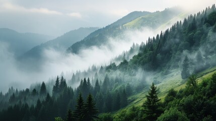 Misty mountain landscape with lush green forests.
