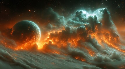 Fototapeta premium Fiery Nebula Planet Cosmic Cloudscape Dramatic Space Scene
