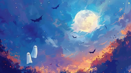 Two ghosts fly in a spooky Halloween night sky with bats and a full moon.