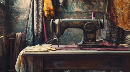 Vintage Sewing Machine with Fabric and Threads in Retro Room Setting. AI generated illustration