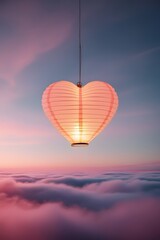 Fototapeta premium A glowing paper lantern shaped like a heart floating into a twilight sky, with soft pink and gold hues