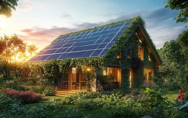 A high-quality 3D render of a sustainable eco-home design, with solar panels on the roof and lush greenery surrounding the house, set against a vibrant sky 
