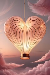 Obraz premium A glowing paper lantern shaped like a heart floating into a twilight sky, with soft pink and gold hues