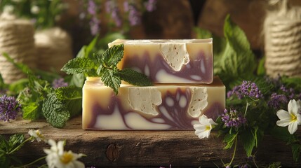 Artistic Display of Colorful Marbled Soap Bars with Mint and Flowers. AI generated illustration