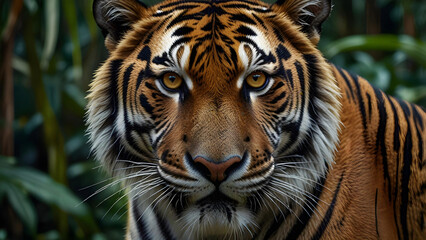 Obraz premium A realistic close-up of a tiger in the jungle with piercing golden eyes and fine fur details in 8k resolution image