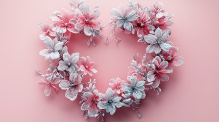 Obraz premium Frosty Heart-Shaped Wreath: 3D Illustration of Icy Flowers on Pastel Background for February Theme