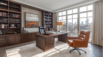 A modern office space featuring a desk, chair, bookshelves, and a city view.