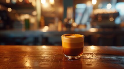 Coffee drink on wooden bar counter in cafe.