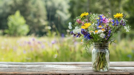 Wildflower bouquet in mason jar on rustic wood.