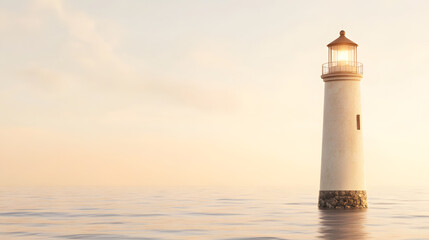 serene lighthouse stands tall in calm waters, symbolizing guidance and hope. soft light illuminates horizon, creating peaceful atmosphere at sunset