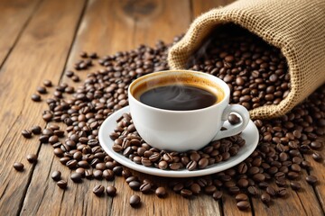 Fototapeta premium Steaming cup of coffee in white mug, placed on rustic wooden table, surrounded by scattered roasted coffee beans and burlap sack. Warm concept. Ai generative
