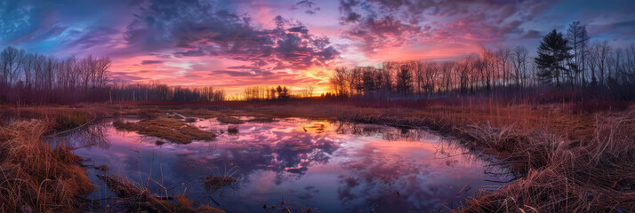 A breathtaking sunset over a forest, with the sky painted in hues of pink, purple, and orange, reflecting on a nearby pond.