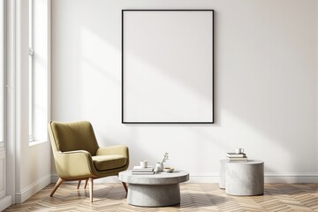 Blank poster frame on wall in modern living room, green chair, concrete table, wooden floor, light background, concept of interior design space. Ai generative