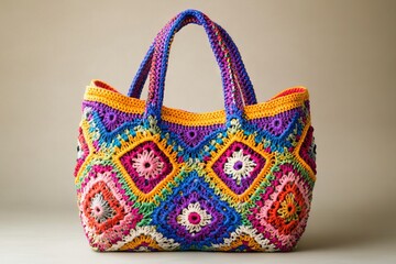 Boho Crochet Handbag in Vibrant Colors on Neutral Background. AI generated illustration