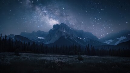 Majestic mountain range under a stunning night sky, filled with stars and the Milky Way.