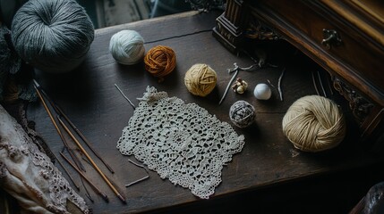 Knitting Supplies on Rustic Wooden Table with Lace Fabric. AI generated illustration