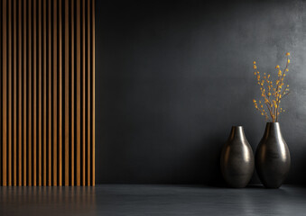 Modern interior design, a black wall with wooden slats on the left and vases on the right, a simple dark background, minimalism