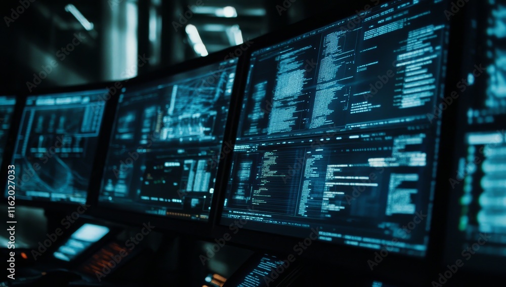 Fototapete Multiple monitors displaying data streams and code.