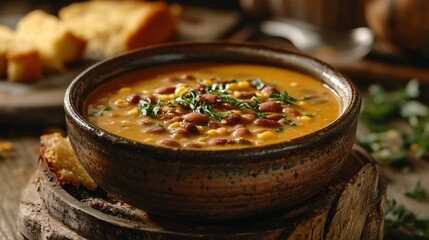 A hearty pinto bean soup in a rustic ceramic bowl, with slices of cornbread and a weathered table backdrop