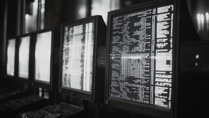 Row of vintage computers displaying data streams.