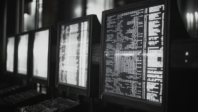 Row of vintage computers displaying data streams.