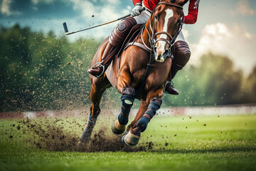 Close-up of a polo player striking the ball, horse galloping, with copy space. Soft light. Vibrant green field background