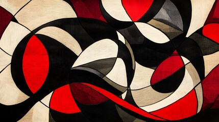 Fluid shapes weaving around geometric structures in a harmonious yet dynamic abstract pattern
