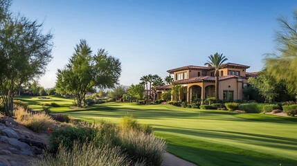 Obraz premium Luxury Golf Course Estate: Mediterranean Villa on Lush Greens