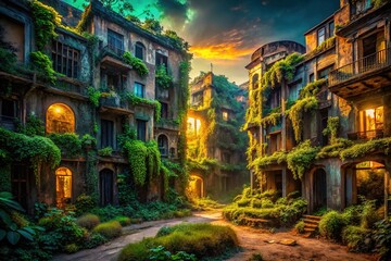 Fototapeta premium Abandoned urban landscapes, echoing mysteries in decaying structures.