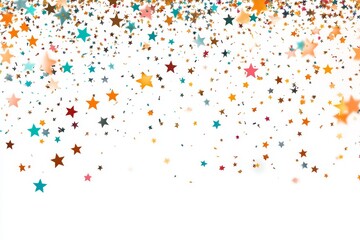 Colorful star confetti falling on white background. (1)