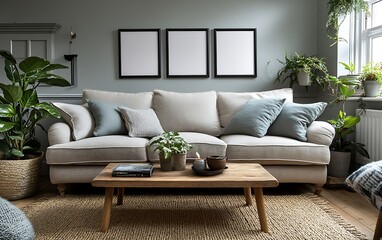 Fototapeta premium Cozy living room with beige sofa, wooden coffee table, plants, and three blank frames on a grey wall.