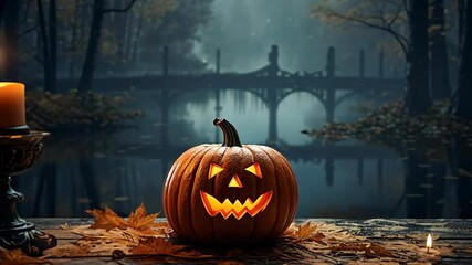 Spooky Halloween Pumpkin with Candle by Misty Lake Bridge - Powered by Adobe