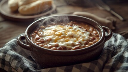 A steaming bowl of pinto beans topped with melted cheese, on a rustic table with a gingham cloth