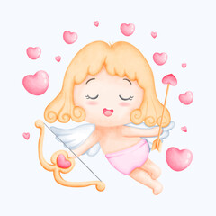 Cute Watercolor Valentine Cupid with arrow. Hand Drawn Romantic Illustration for Cards and Gifts