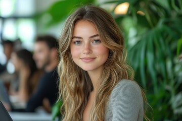 Obraz premium A woman with long brown hair is smiling at the camera. Generative AI