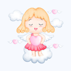 Cute Watercolor Valentine Cupid with cloud. Hand Drawn Romantic Illustration for Cards and Gifts