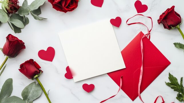 Romantic Valentine's Day Greeting Card Mockup with Red Envelope on White Background for Customization. Copy Space for Text Insertion.