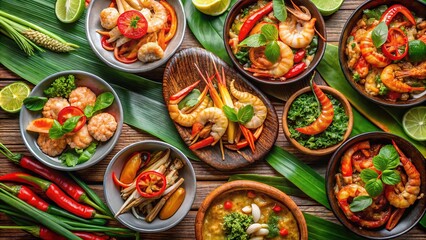 Fototapeta premium Aerial Thai shrimp dishes, showcasing exquisite seafood, restaurant menu.