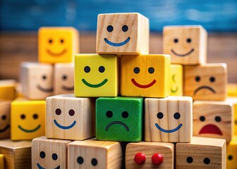 Aerial view of emotional wooden blocks stacked high.