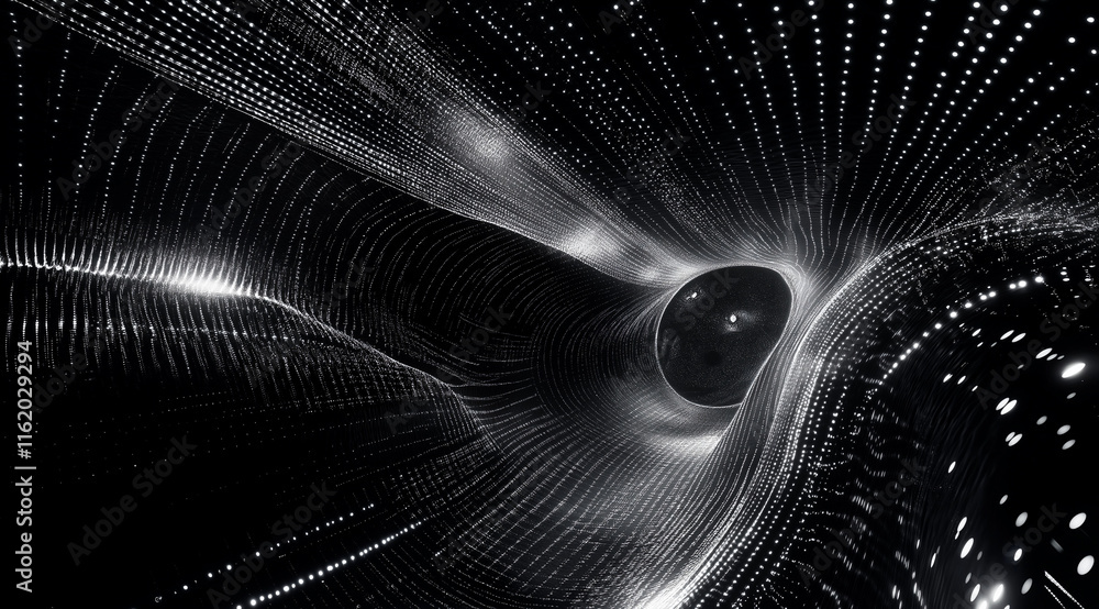 Aufkleber black background with intricate white dot wave resembling digital sound waves or data flow. dense pa